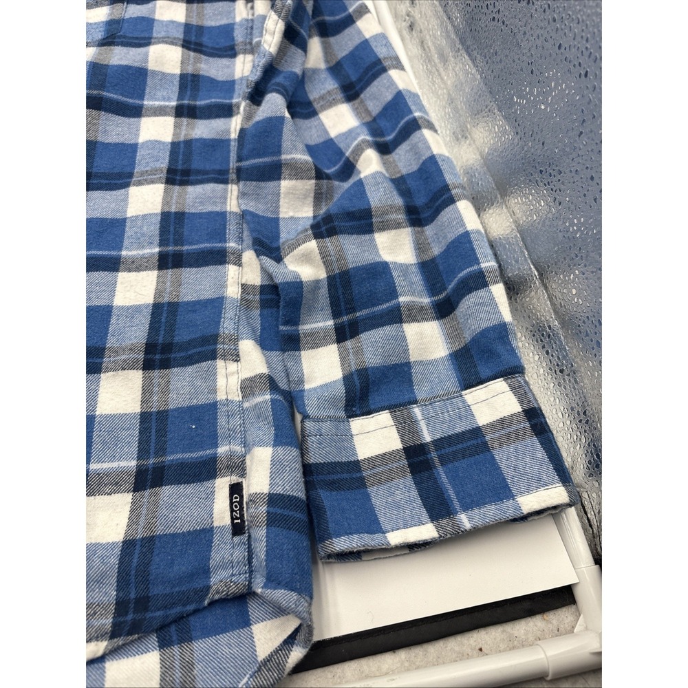 IZOD Blue Plaid Flannel Shirt‎ Mens  Size Large Tall Button Up Logo Pocket - Picture 6 of 12